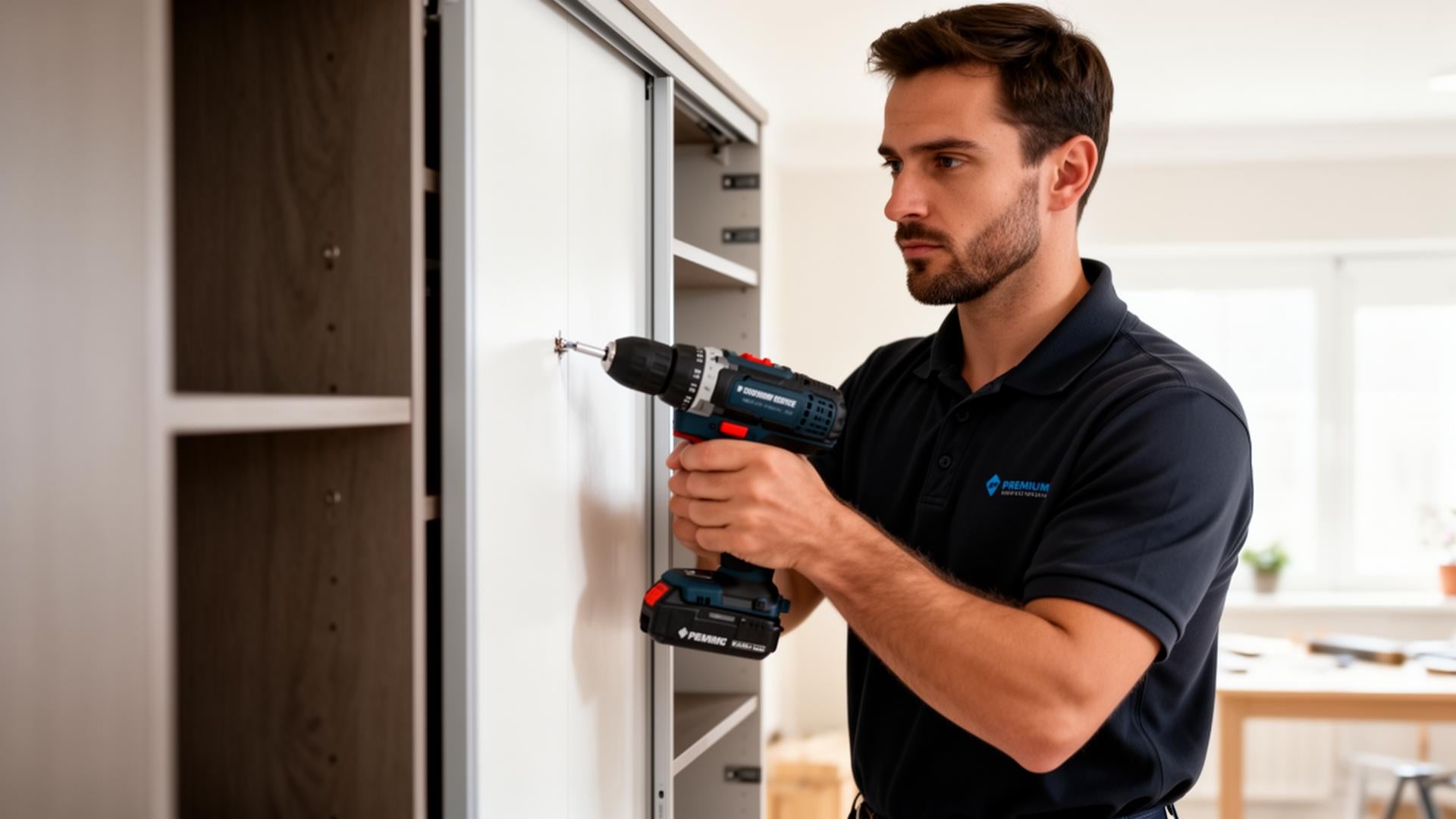 Profissional montando móveis com furadeira